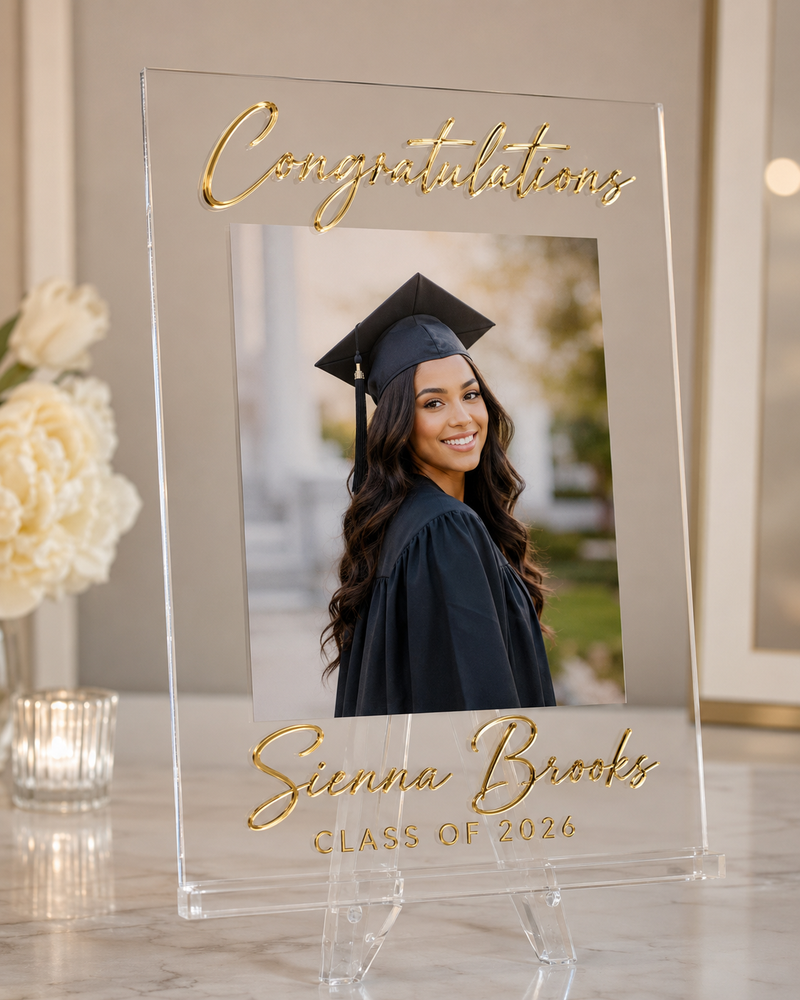 Acrylic photo frame with 'Congratulations' and 'Sienna Brooks Class of 2026' text, featuring a graduation photo.
