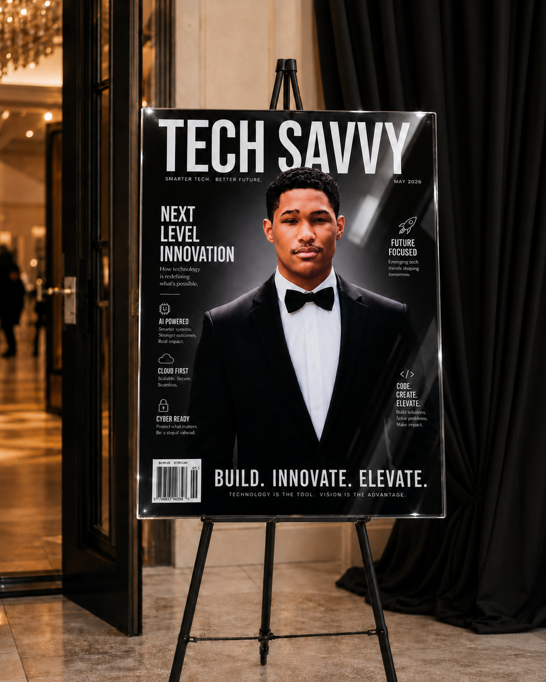 Acrylic sign Magazine cover titled 'Tech Savvy' featuring a man in a tuxedo on an easel.