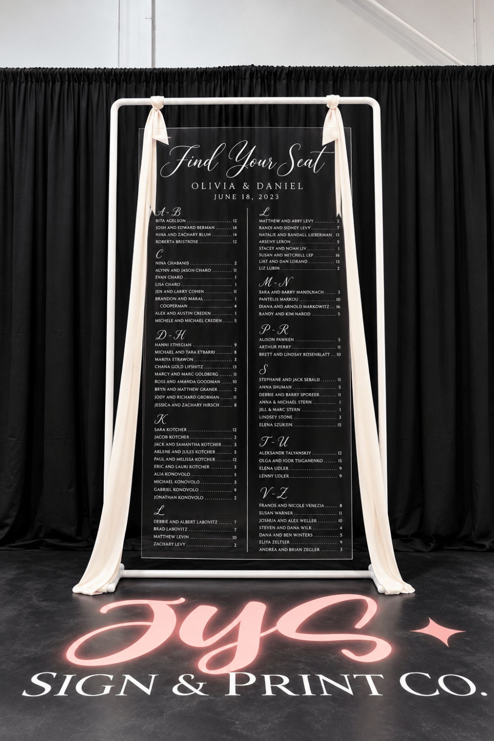 Clear Hanging Acrylic Seating Chart - JYS Custom Backdrops & Acrylic Signs