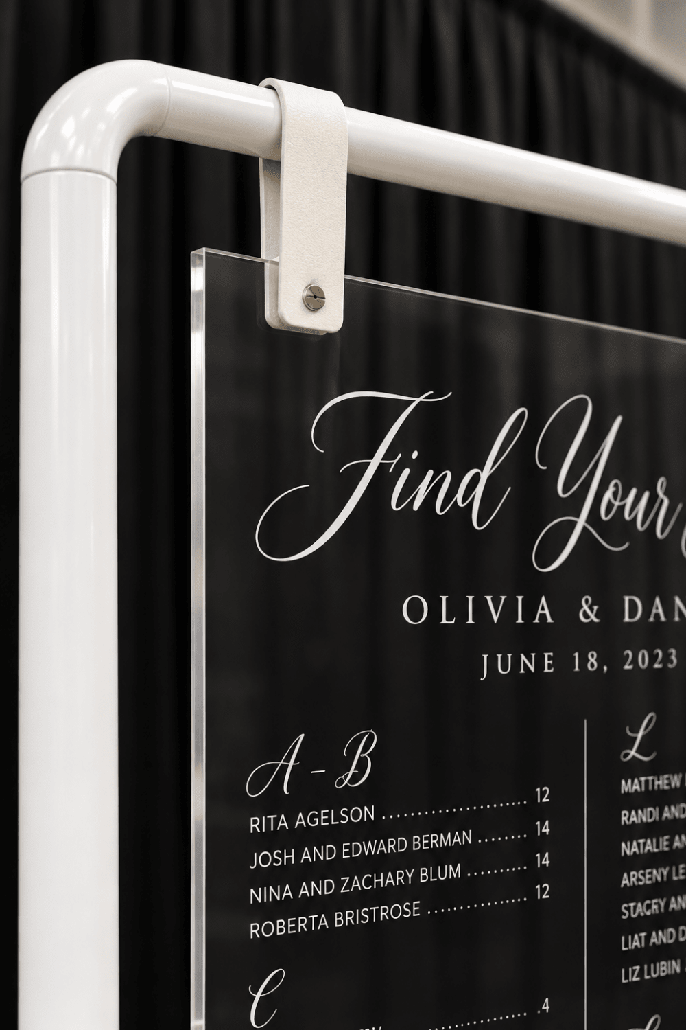 Clear Hanging Acrylic Seating Chart - JYS Custom Backdrops & Acrylic Signs