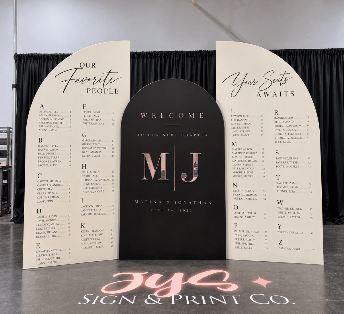 Three Board Seating Chart with 3D Acrylic Initials - JYS Custom Backdrops & Acrylic Signs