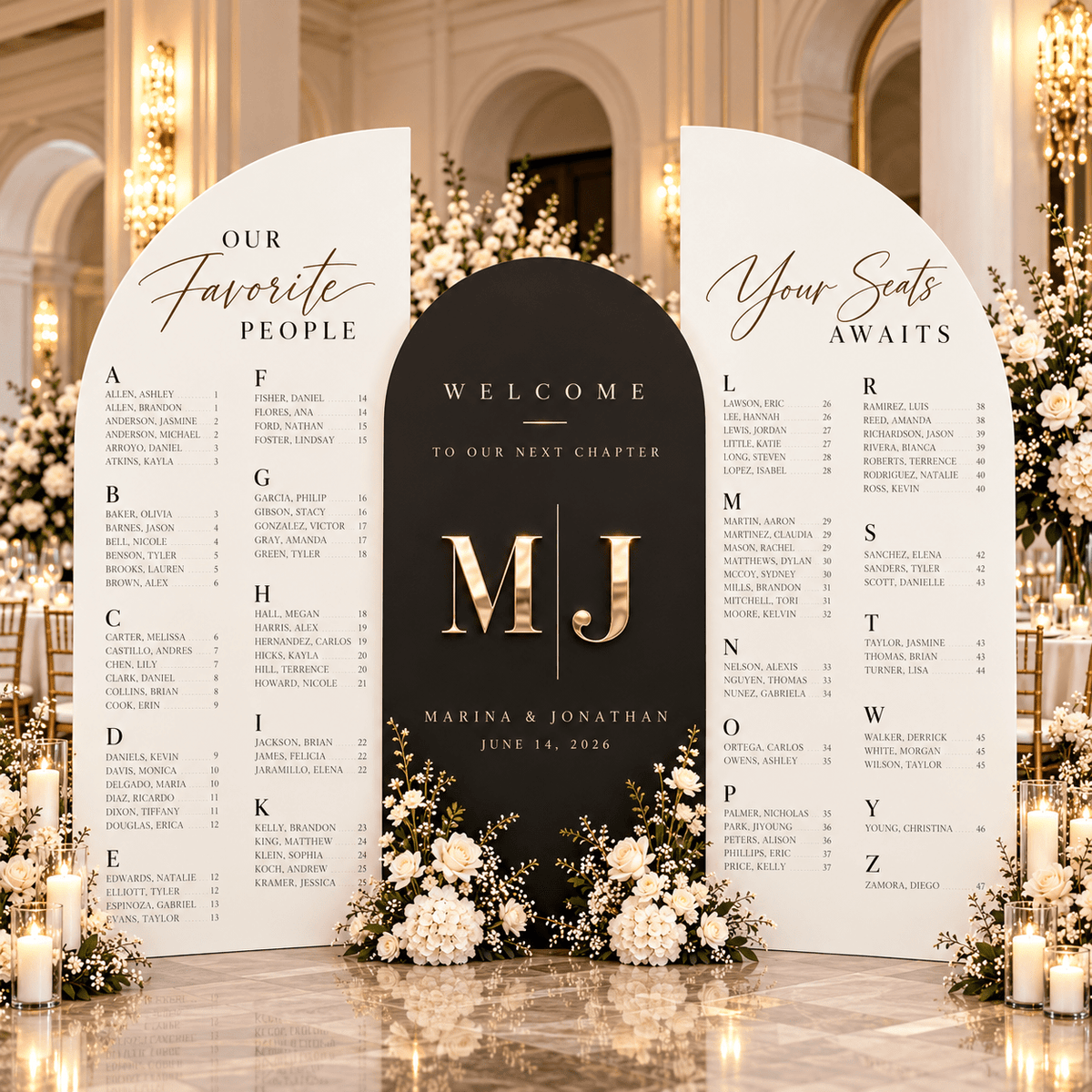 Three Board Seating Chart with 3D Acrylic Initials - JYS Custom Backdrops & Acrylic Signs