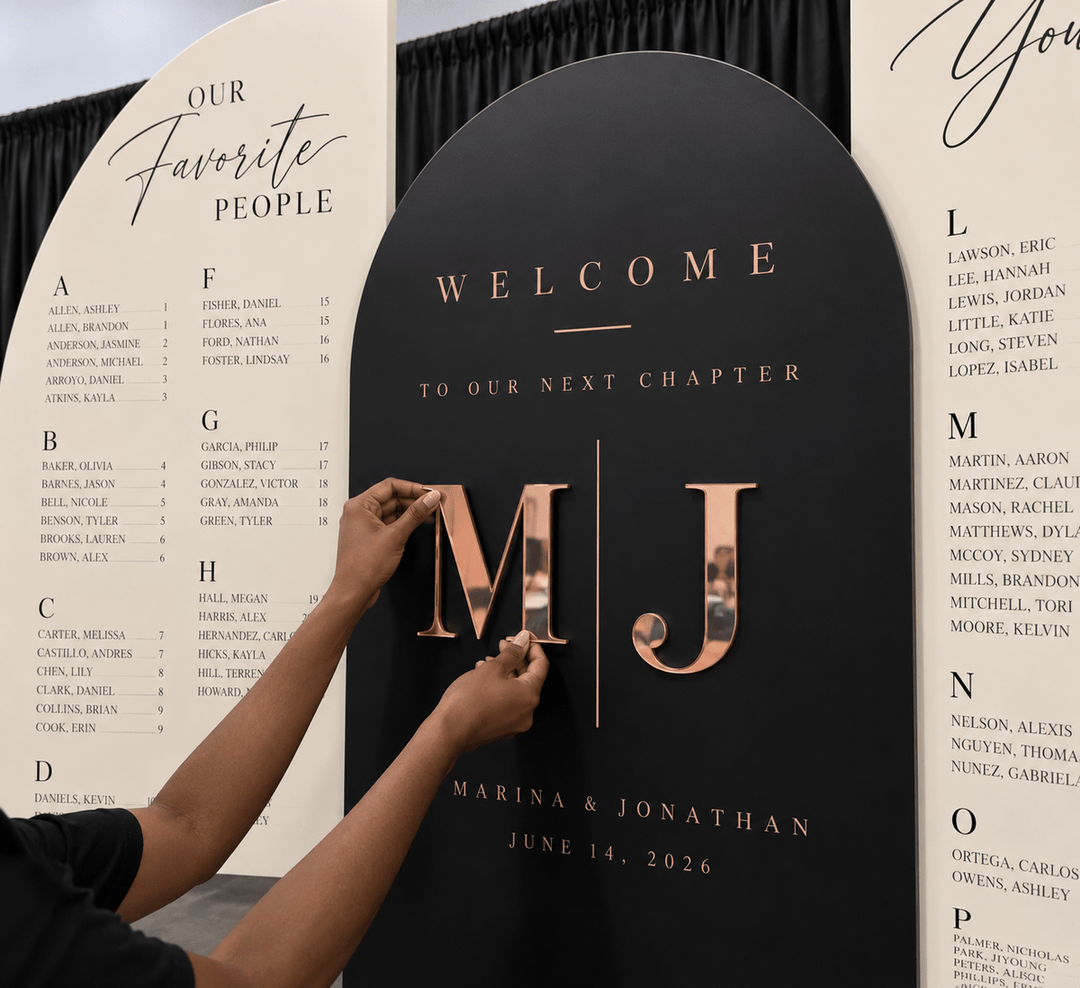 Three Board Seating Chart with 3D Acrylic Initials - JYS Custom Backdrops & Acrylic Signs