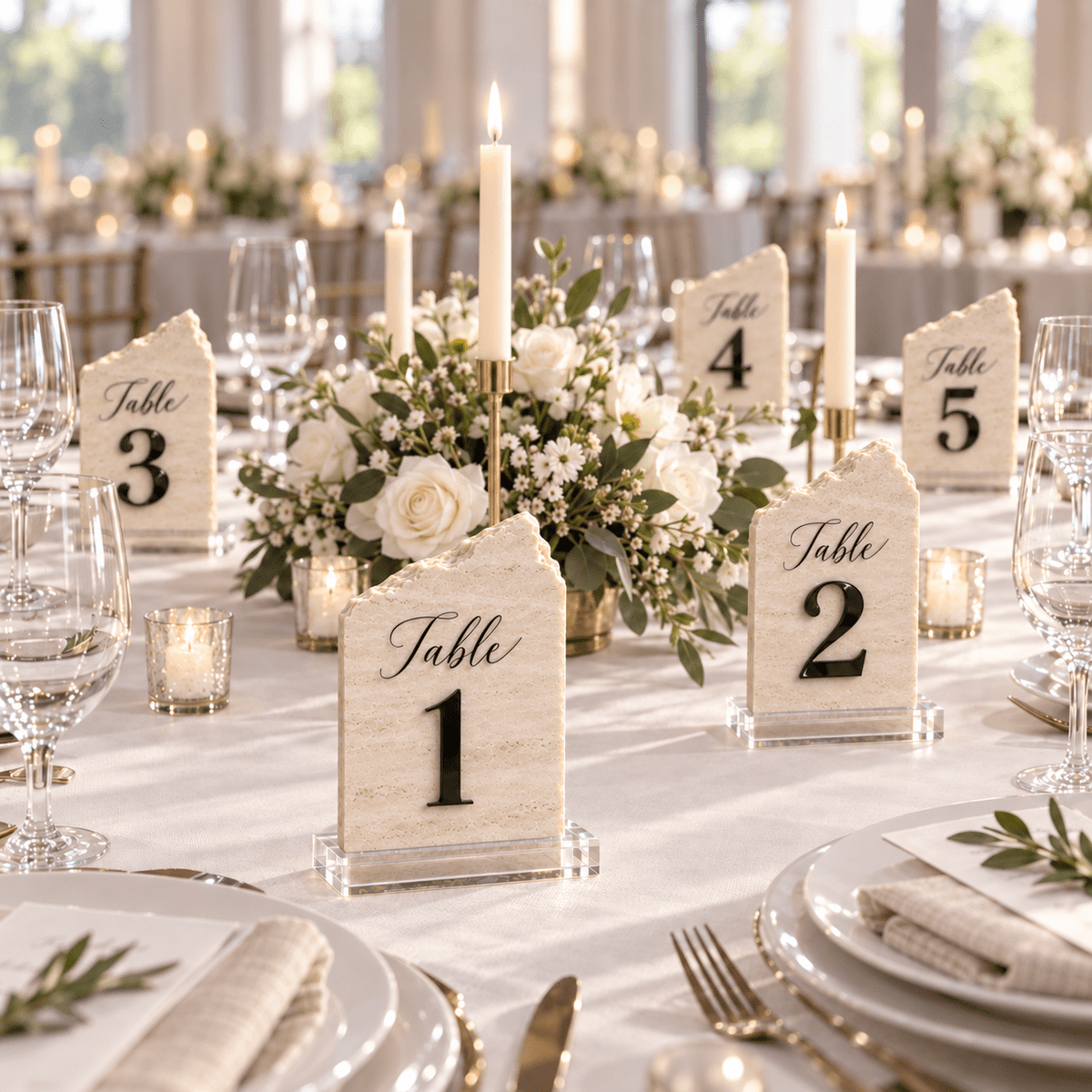 Travertine Table Numbers with 3D Acrylic - JYS Custom Backdrops & Acrylic Signs